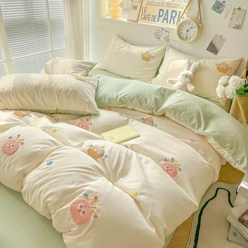 可爱简约床上四件套纯色棉少女被套罩柔软学生宿舍床单三件套工厂
