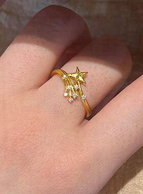 越南沙金爆闪星星烟花戒指女仿真黄金小众轻奢高级感满钻指环配饰