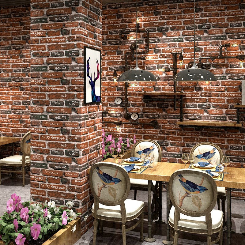 涂鸦墙纸个性英文字母背景墙卧室工业风复古怀旧loft砖纹砖头壁纸