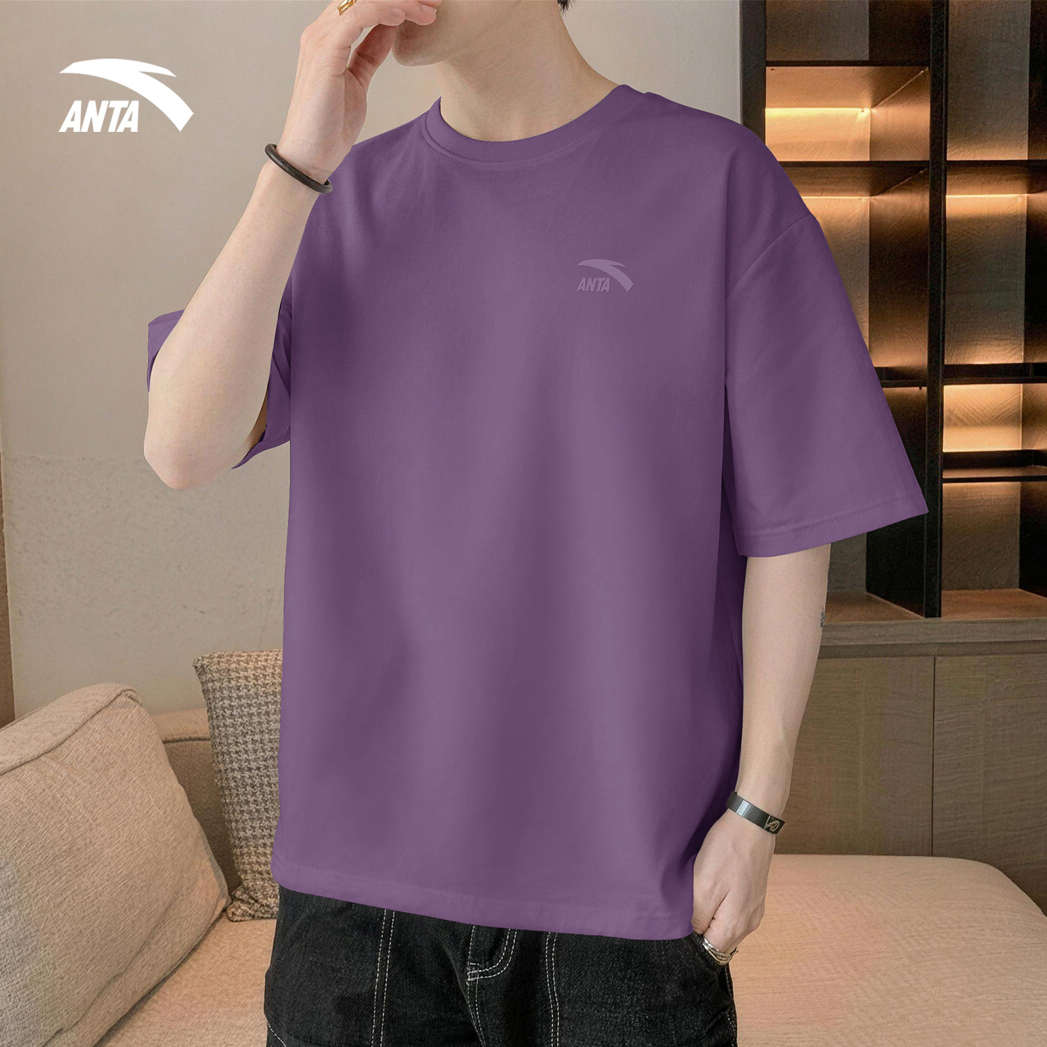 安踏棉短袖男款2026新款圆领宽松大码T恤休闲百搭半袖运动上衣服