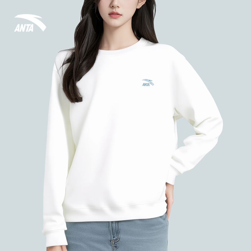 安踏卫衣女秋季新款圆领套头衫白色宽松舒适透气长袖T恤运动卫衣