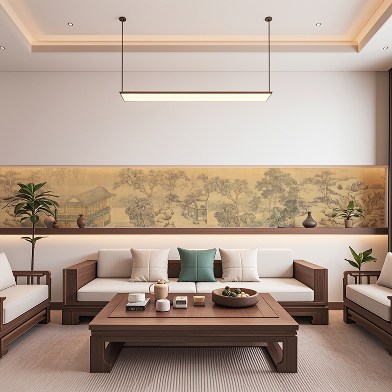 自粘墙纸腰线贴长条装饰画新中式山水画复古画墙纸腰线壁纸壁画3d