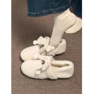 2025冬新款 甜美蝴蝶结加绒平底鞋 法式 一脚蹬保暖棉鞋 怪美主义