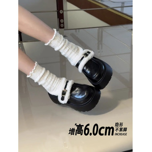 冬2025新款 复古增高厚底毛毛保暖棉鞋 加厚加绒小皮鞋 怪美主义