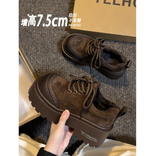 女冬2025新款 增高厚底加绒鞋 法式 大头系带英伦小皮鞋 怪美主义