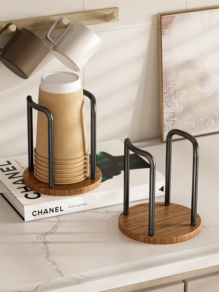 一次性杯架家用胡桃木纹桌面纸杯收纳器水杯茶杯高档杯架