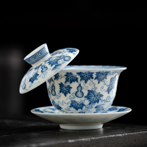 三才盖碗单个高档青花羊脂玉福禄悬停盖碗泡茶碗杯个人专用茶具