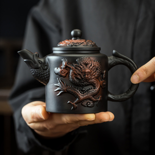 复古家用功夫茶具 紫陶茶壶凤鸣德钟泡茶壶龙凤呈祥紫砂茶壶中式