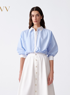 OVV2026春夏新款经典清爽条纹插肩袖长袖休闲衬衫GNEAJ16012A