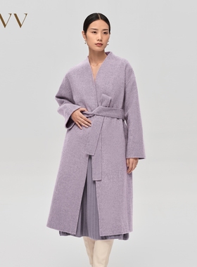 OVV秋冬女装杂花羊毛羊驼混纺随附腰带装饰长款大衣GWDAJ43108A