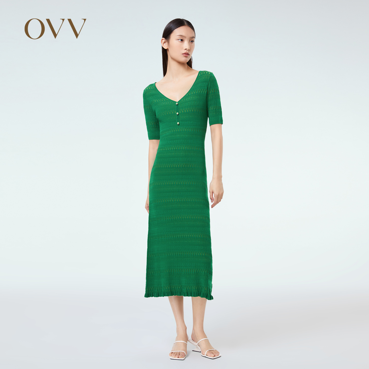 OVV春夏女装V领H型包臀修身时髦荷叶边短袖针织连衣裙GQZZJ13006A