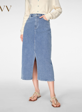 OVV春夏新款女装进口面料简约A字开衩牛仔半身裙GQDDJ14024A