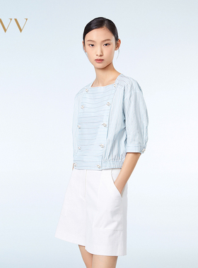OVV春夏色织丝棉条纹复古双排扣方领短款短袖上衣GNSBJ23009A