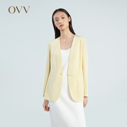 OVV春夏女装22MM弹力重绉桑蚕丝简洁一粒扣无领西服GTXEJ13001A
