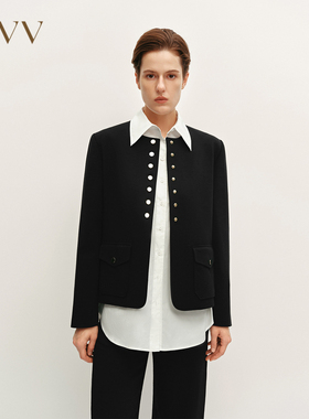OVV秋冬女经典黑金圆领针织羊毛夹克休闲外套GWJFJ34103A