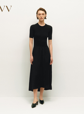 OVV秋冬新款经典针梭镶拼圆领A字短袖连衣裙GQLBW34002A
