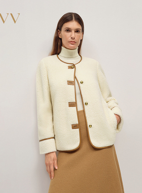 OVV2025秋冬新款时髦撞色设计经典圆领羊羔毛短大衣GWDAJ45128A