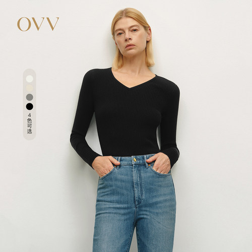 OVV秋冬无缝修身弹力V领长袖针织衫GNZAW34004A
