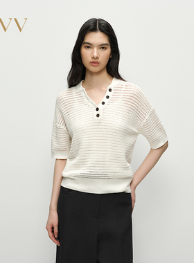 OVV春夏热卖女装棉质镂空网洞结构半开襟短袖针织GNZBJ25015A