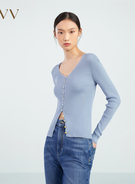 OVV春夏桑蚕丝新疆长绒棉混纺V领彩虹扣长袖针织衫GNZAJ13004A