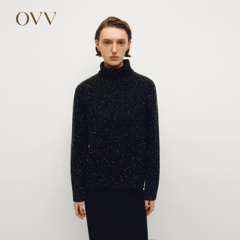 OVV秋冬女可翻折高领点子纱休闲长袖羊绒衫GNZRJ44115A