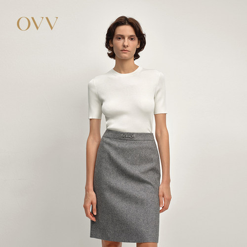 OVV秋冬热卖经典圆领罗纹设计桑蚕丝短袖针织衫GNZBJ35108A