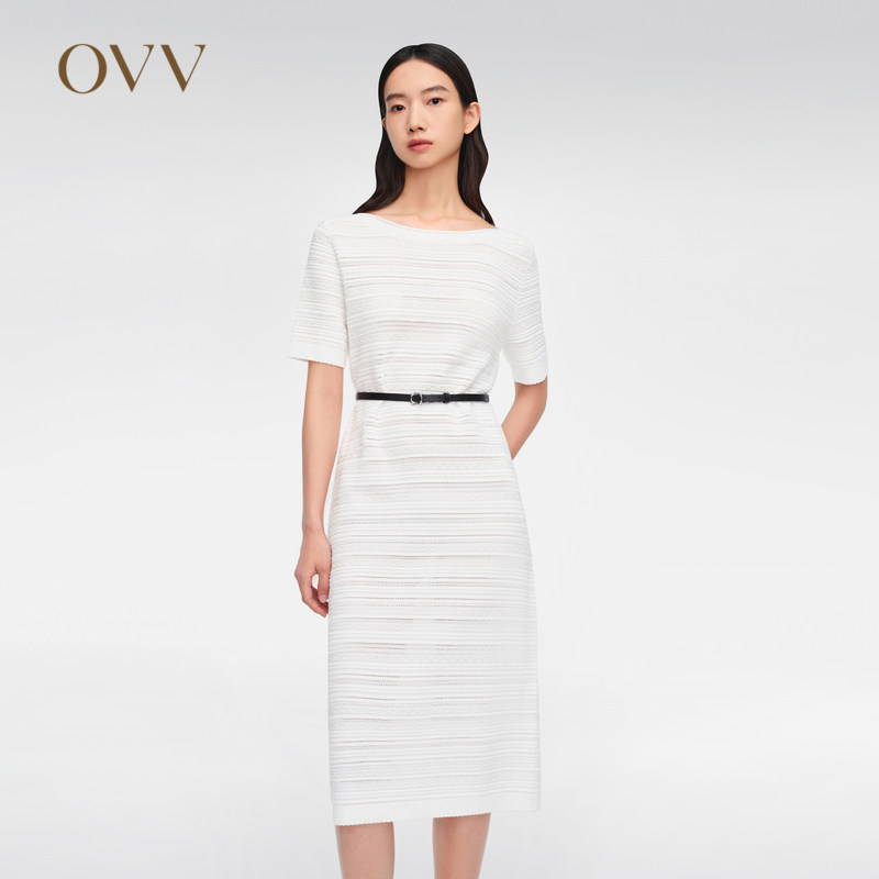 OVV春夏女装一字领短袖简约直筒休闲连衣裙小白裙GQZZJ14007A