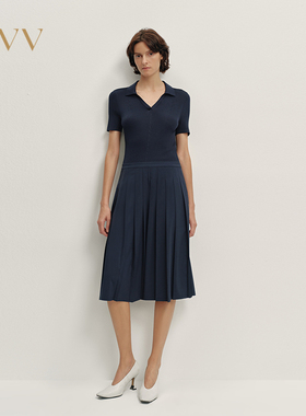 OVV2025秋冬新款针梭镶拼四面弹通勤短袖百褶连衣裙GQLBJ35103A