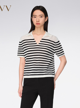 OVV春夏女装半镂空肌理条纹套头V领短袖针织衫GNZBJ14010A