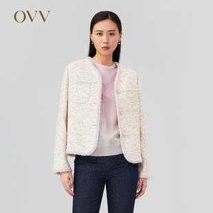 OVV秋冬新款优雅高贵经典粗花呢V领羽绒服外套GWRAJ43109A