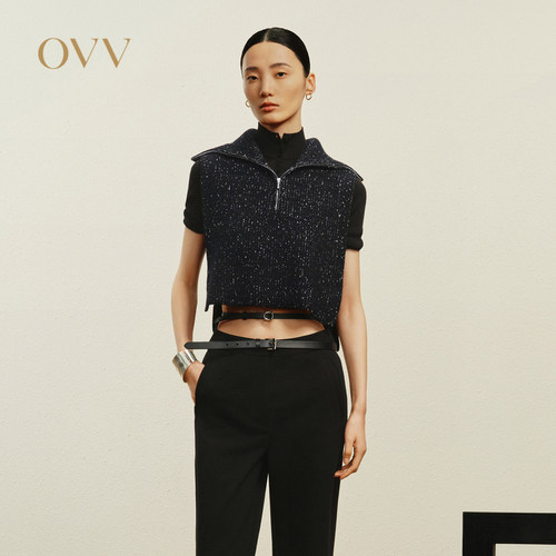 OVV秋冬女时髦大翻领半开襟无袖短款针织背心GNZGJ34106A