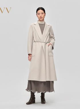 OVV秋冬新款戗驳领配腰绳高支羊毛双面呢长款大衣GWDAJ43116A