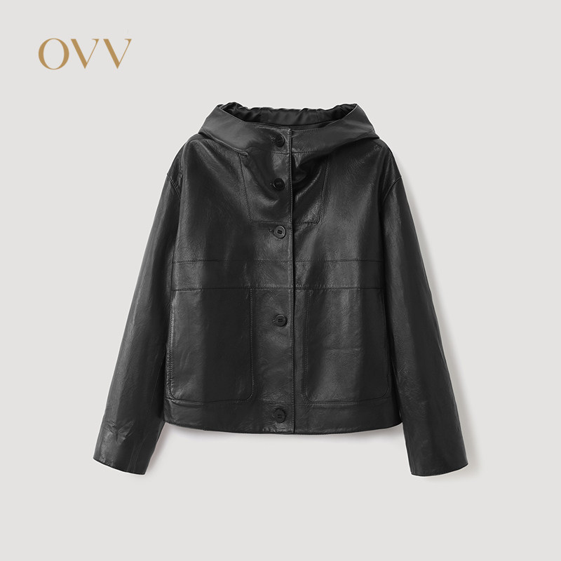 OVV2026秋冬新款女装简约高级皮质连帽休闲夹克外套