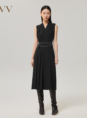 OVV【进口三醋酸】秋冬新女重工百褶小黑裙无袖连衣裙GQLWJ32104A