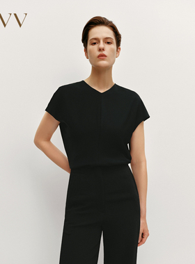 OVV秋冬女缎面醋酸V领斜裁微落肩修身收腰上衣GNSBJ34103A