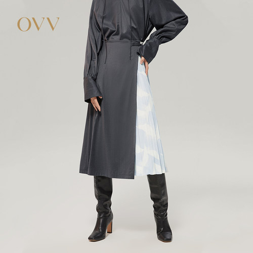 【黄金羊毛】OVV秋冬女装精纺高支拼接印花百褶半身裙GQDDJ32113A
