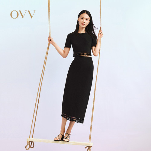 OVV春夏挺括弹力镂空几何图案短款短袖针织衫GNZBJ13017A