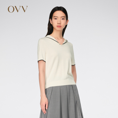 OVV春夏女装丝棉混纺海军领撞色边饰短袖针织衫GNZBJ14014A