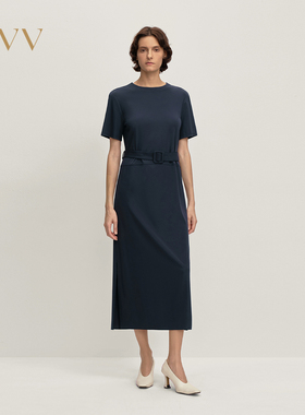OVV2025秋冬新款优雅亲肤基础圆领随附腰带短袖连衣裙GQLBJ35105A