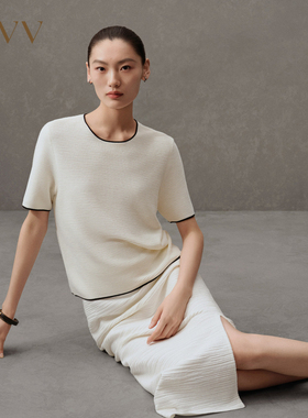 OVV春夏女装基础圆领优雅撞色镶边短袖针织衫GNZBJ14011A