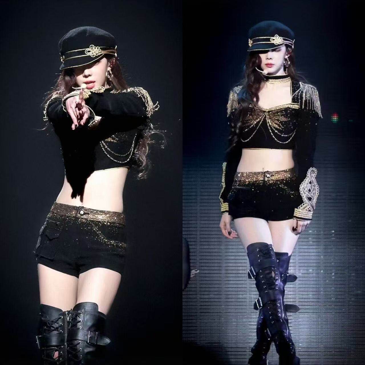 跨境韩国女团金玟庭同款打歌服黑金重工长袖短上衣爵士舞演出套装