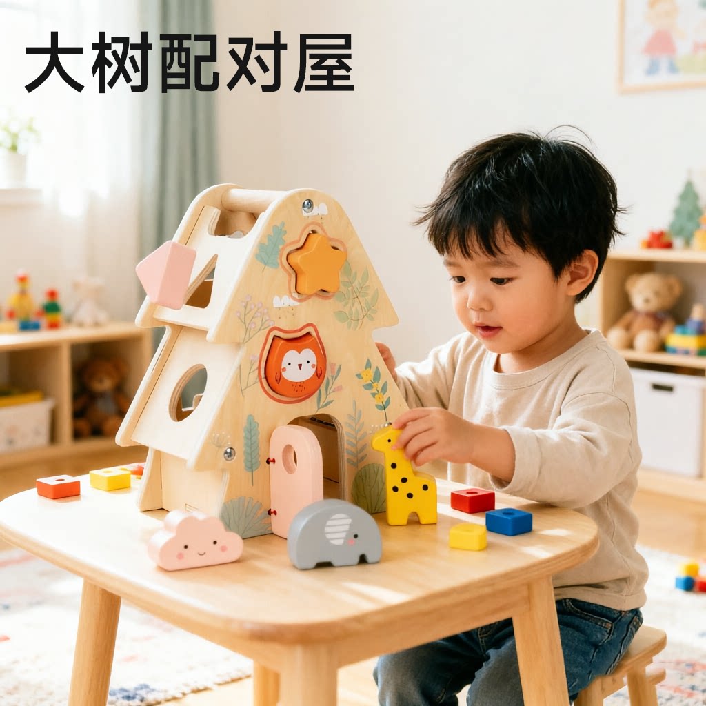 儿童木质大树动物配对早教玩具