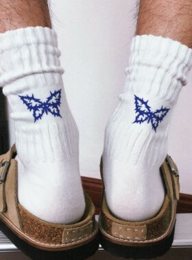 TREETALLIFE趣味袜子荆棘蝴蝶印花日系中筒长筒毛巾底情侣潮袜