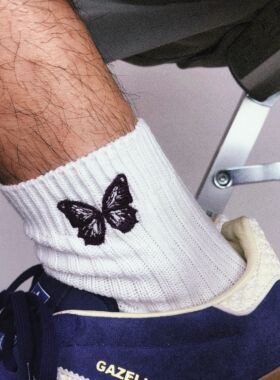 TREETALLIFE趣味袜子刺绣紫蝴蝶短袜可爱袜子夏粗针中筒运动袜子