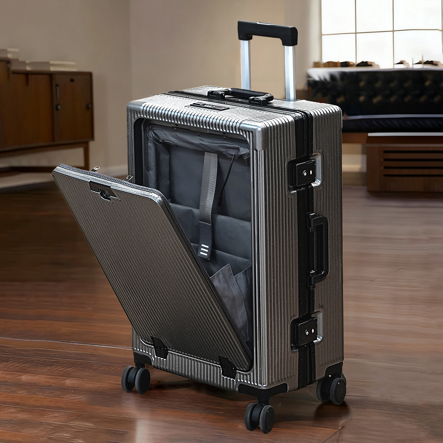 前开口行李箱大容量铝框拉杆箱