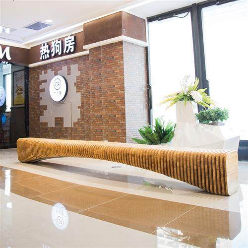 实木切片座椅商业美陈坐凳玻璃钢休闲椅户外异形长凳商场等候椅子