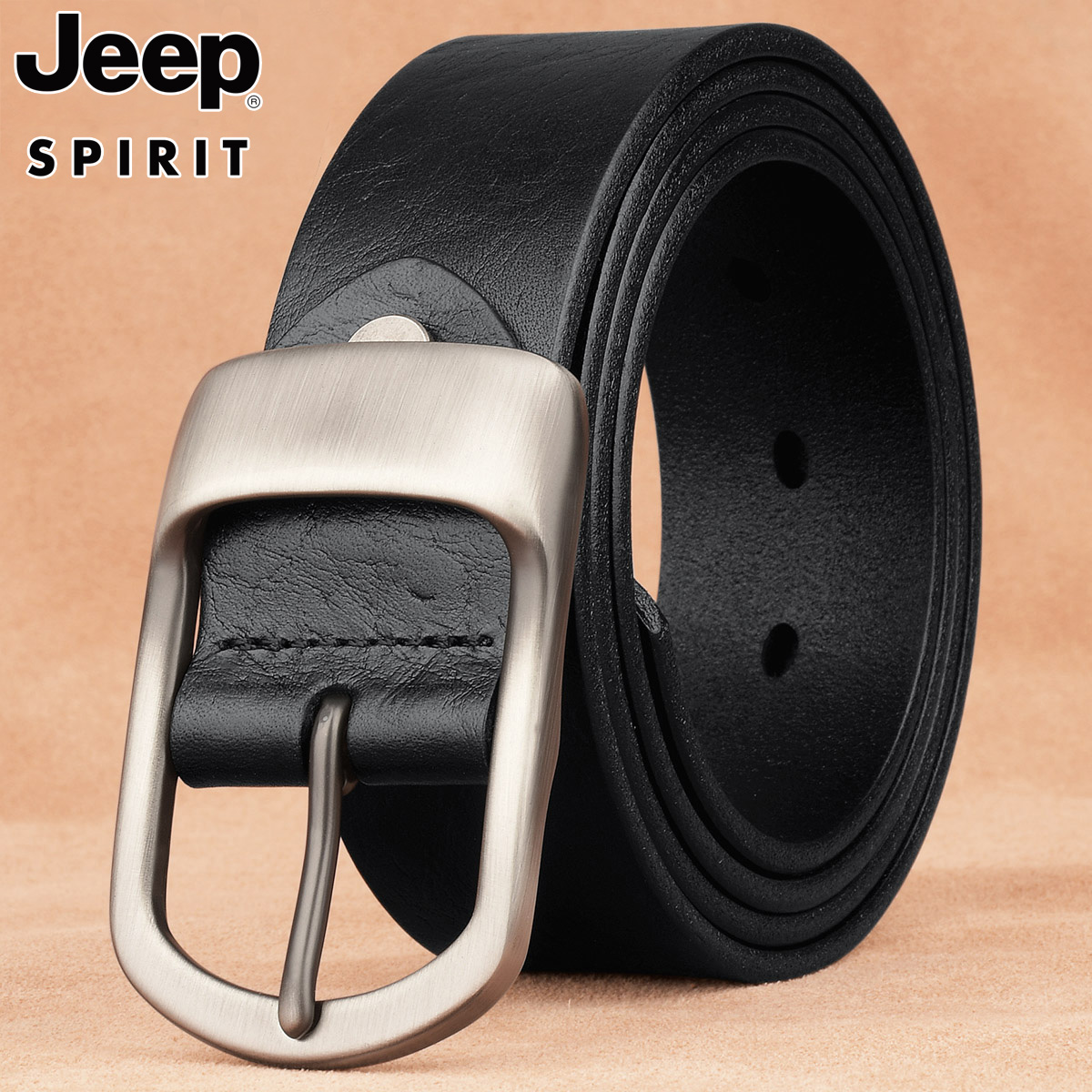 JEEP SPIRIT针扣腰带真皮裤带头层打孔手工纯牛皮皮带男士复古中