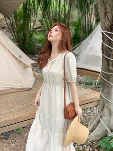 热恋岛屿慵懒风亚麻裙女显瘦微胖mm拼接蕾丝收腰连衣裙 脚趾筋夏季