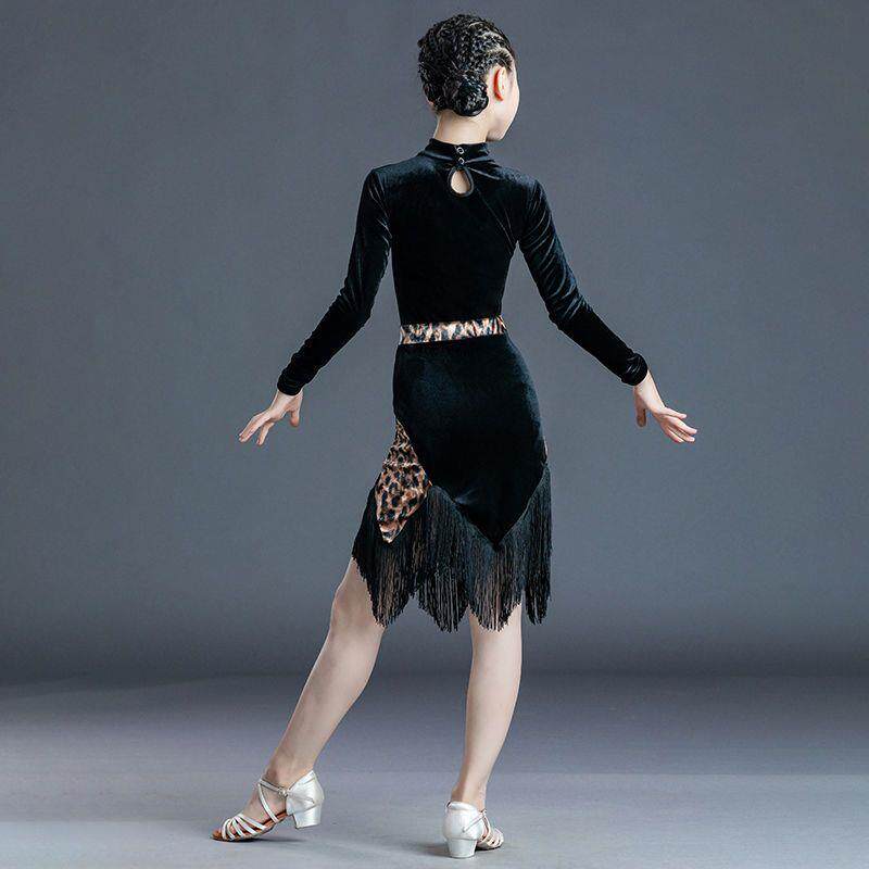 拉丁舞服冬装女童新款儿童拉丁舞流苏裙秋冬练功服长袖女童跳舞裙