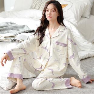 漂亮出门睡衣全棉高档双面100%纯棉睡衣女士加厚长袖翻领妈妈女式